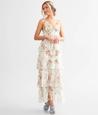 Floral Jacquard Chiffon Tiered Midi Dress