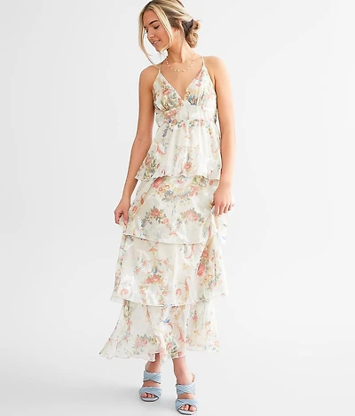 Floral Jacquard Chiffon Tiered Midi Dress