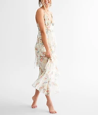 Floral Jacquard Chiffon Tiered Midi Dress