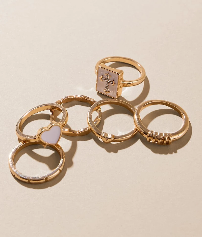 6 Pack Heart & Cross Ring Set