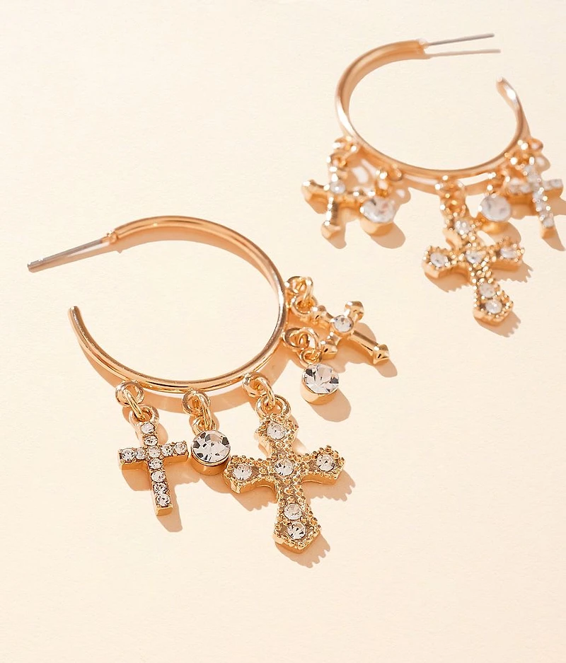 Glitz Cross Charm Hoop Earring