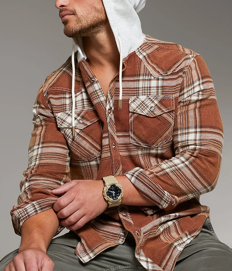 Brushed Plaid Athletic Hooded Shirt