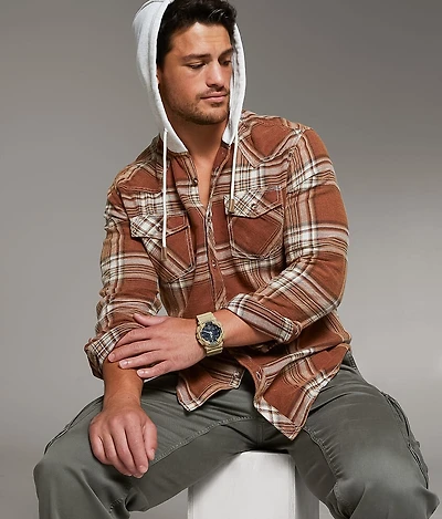 Brushed Plaid Athletic Hooded Shirt