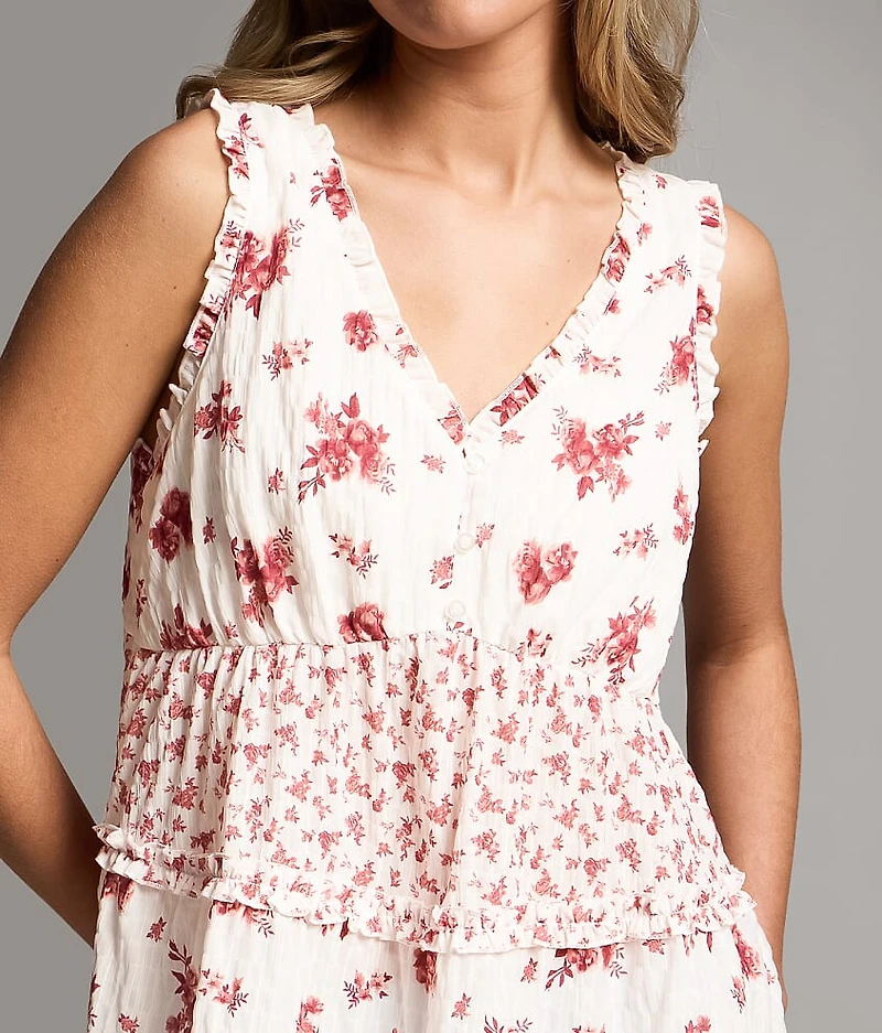 Ruffled Floral Henley Tank Top