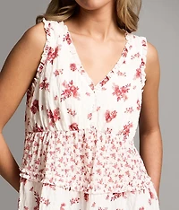 Ruffled Floral Henley Tank Top
