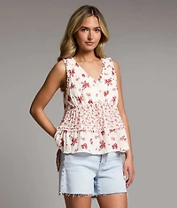 Ruffled Floral Henley Tank Top