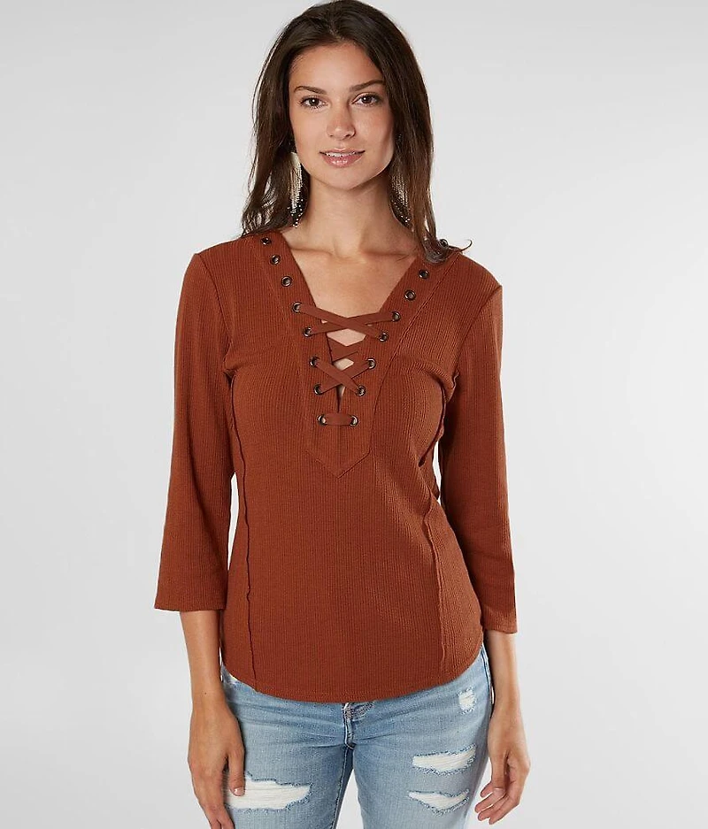 Ribbed Knit Lace-Up Top