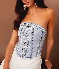 Lace-Up Denim Stretch Tube Top