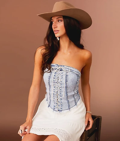 Lace-Up Denim Stretch Tube Top