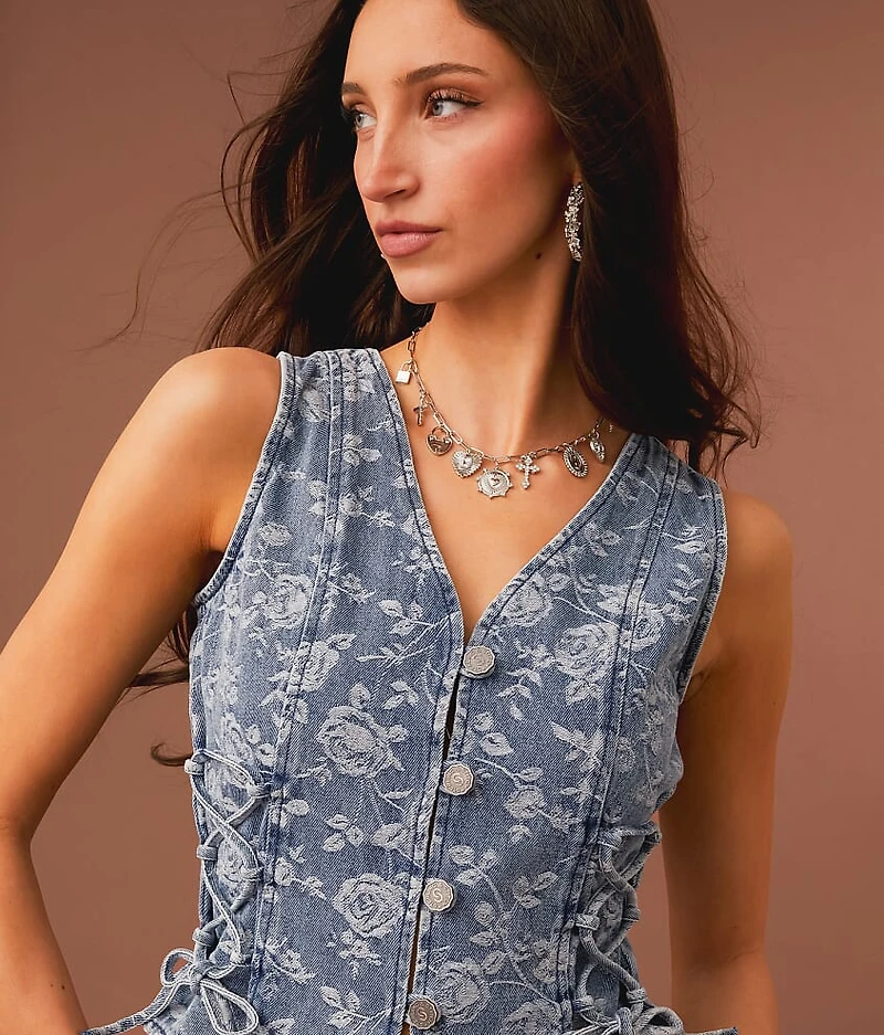 Lace-Up Floral Cropped Denim Vest