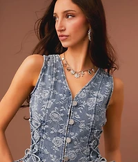 Lace-Up Floral Cropped Denim Vest