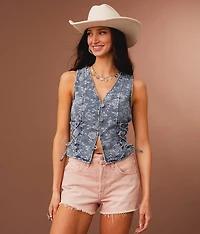 Lace-Up Floral Cropped Denim Vest
