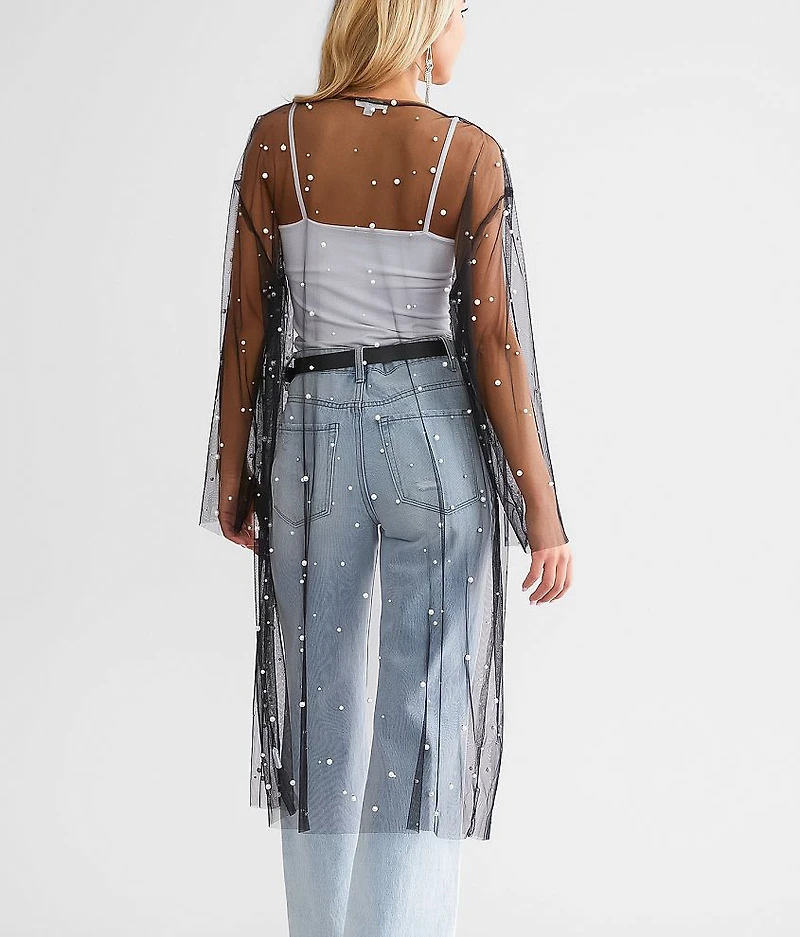Faux Pearl Mesh Duster Cardigan