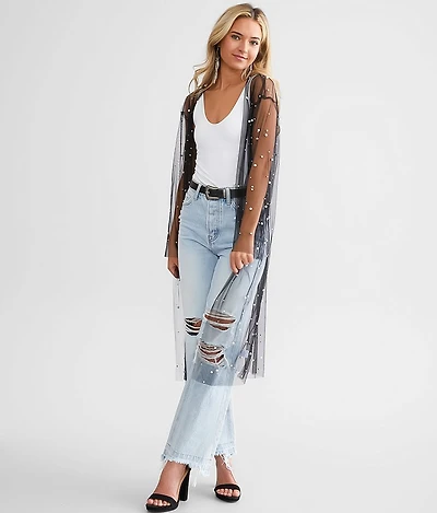 Faux Pearl Mesh Duster Cardigan