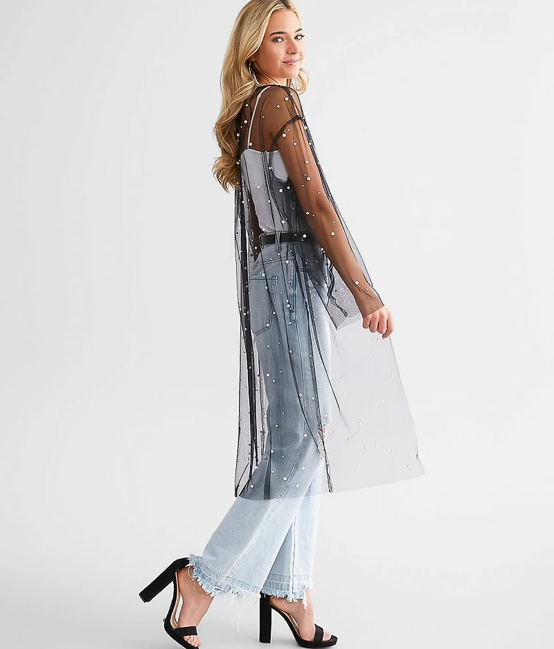 Faux Pearl Mesh Duster Cardigan