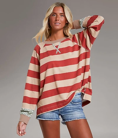 Striped Raw Edge Oversized Pullover