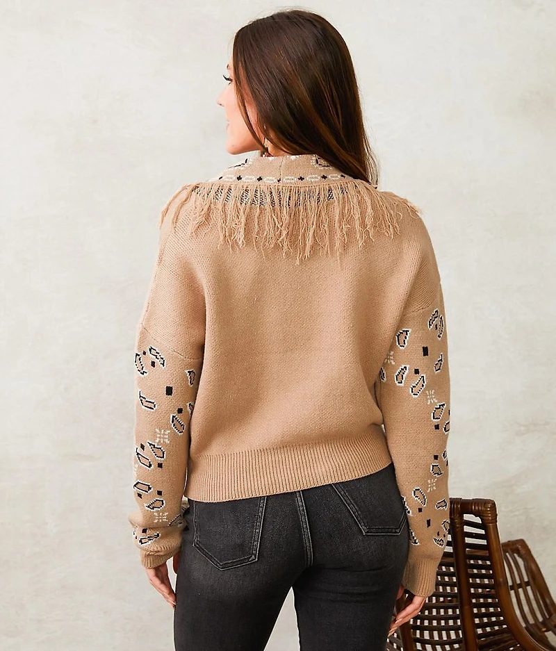 Fringe Collared Cardigan Sweater