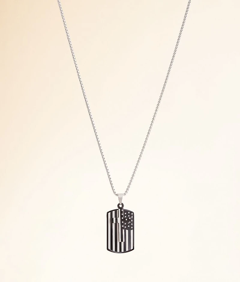 American Flag Dog Tag & Cross 25" Necklace
