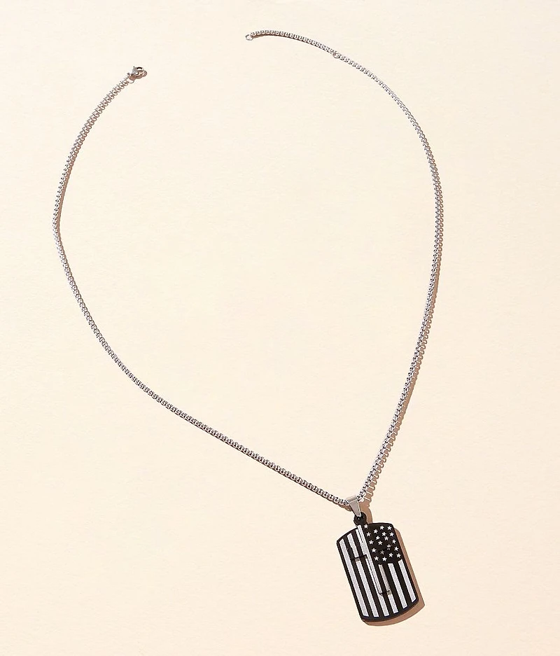 American Flag Dog Tag & Cross 25" Necklace