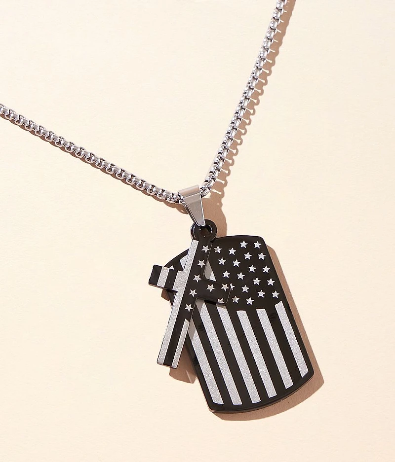 American Flag Dog Tag & Cross 25" Necklace