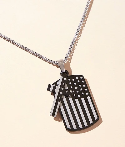 American Flag Dog Tag & Cross 25" Necklace