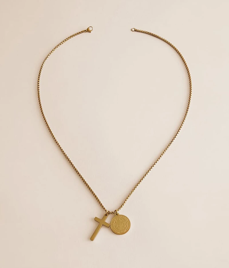 Double Cross & Coin Pendant 22" Necklace