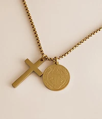 Double Cross & Coin Pendant 22" Necklace