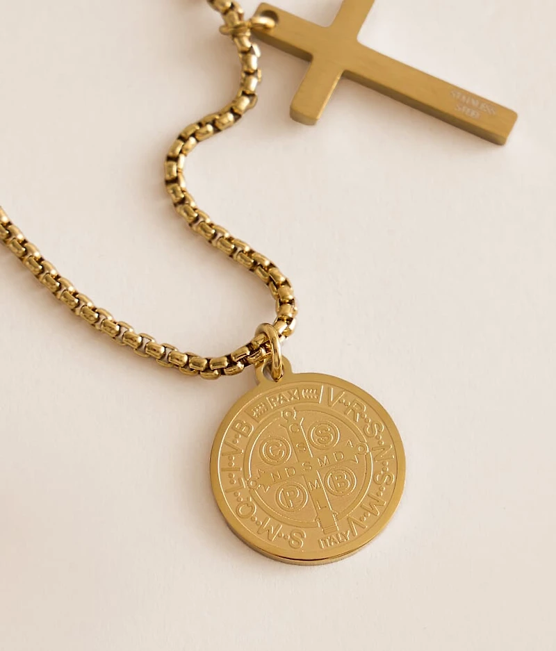 Double Cross & Coin Pendant 22" Necklace