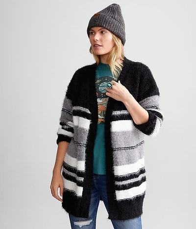 Striped Eyelash Knit Cardigan Sweater