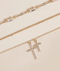 3 Pack Glitz Double Cross Necklace Set