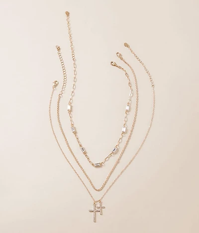 3 Pack Glitz Double Cross Necklace Set