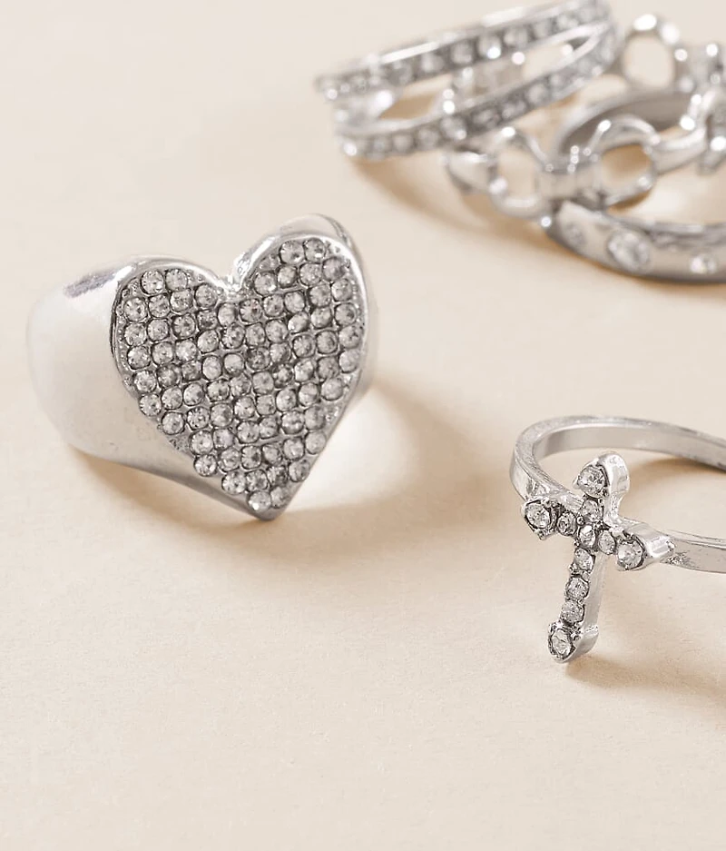 5 Pack Glitz Heart & Cross Ring Set