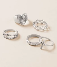 5 Pack Glitz Heart & Cross Ring Set
