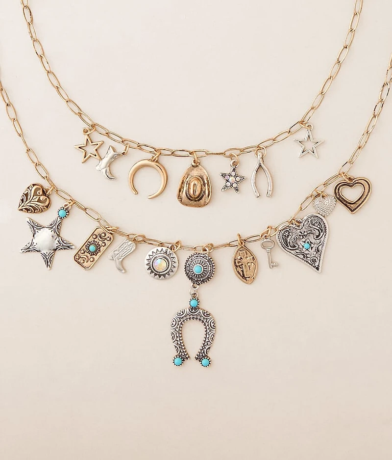 2 Pack Mixed Metal Charm Necklace Set