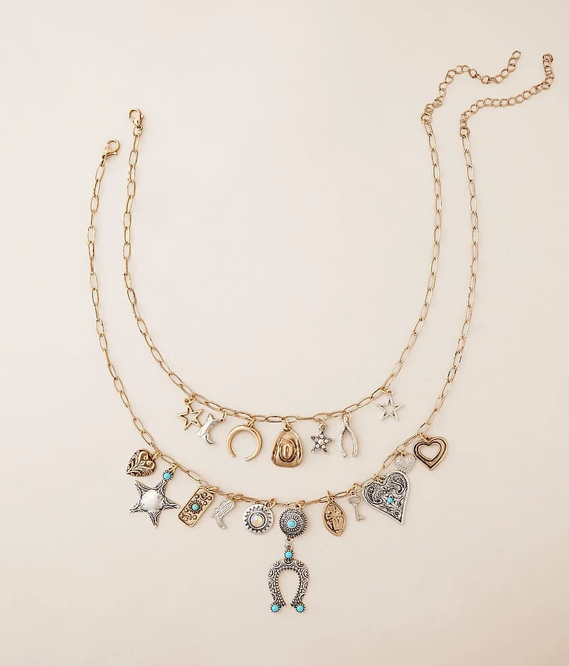 2 Pack Mixed Metal Charm Necklace Set