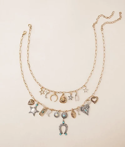 2 Pack Mixed Metal Charm Necklace Set
