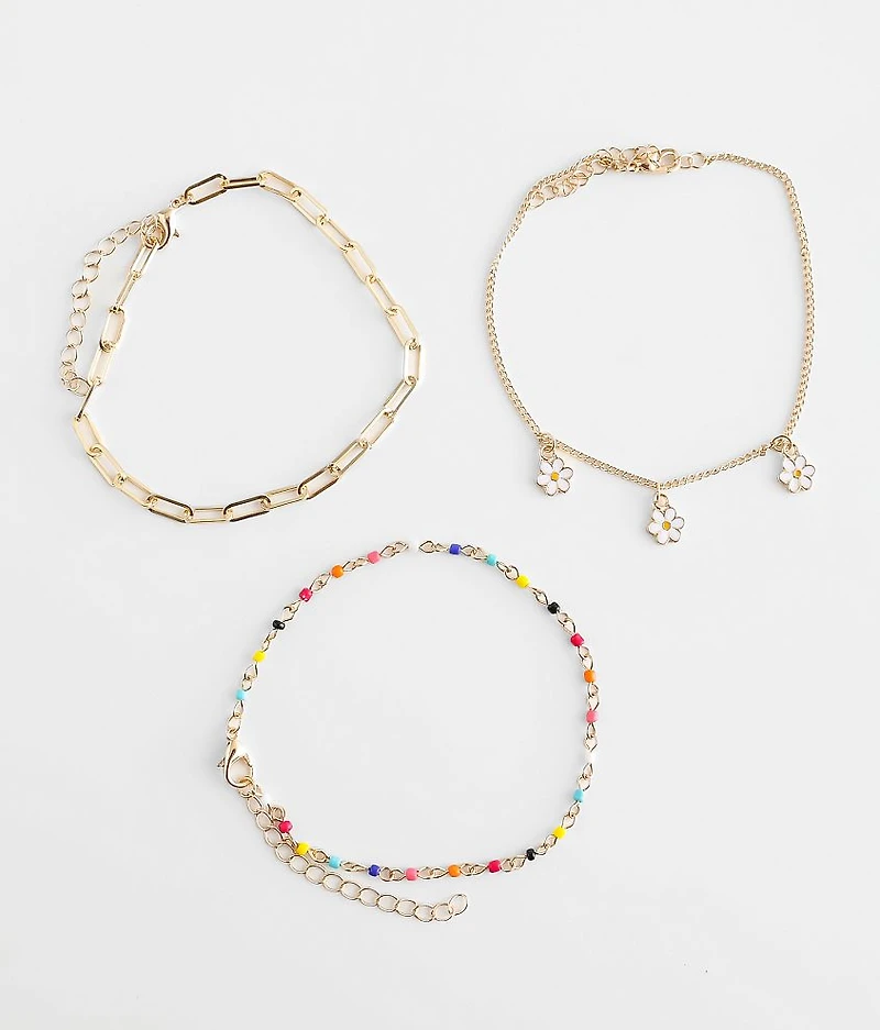 3 Pack Flower Ankle Bracelet Set