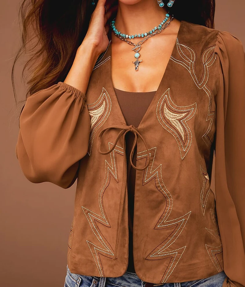 Embroidered Faux Suede Top
