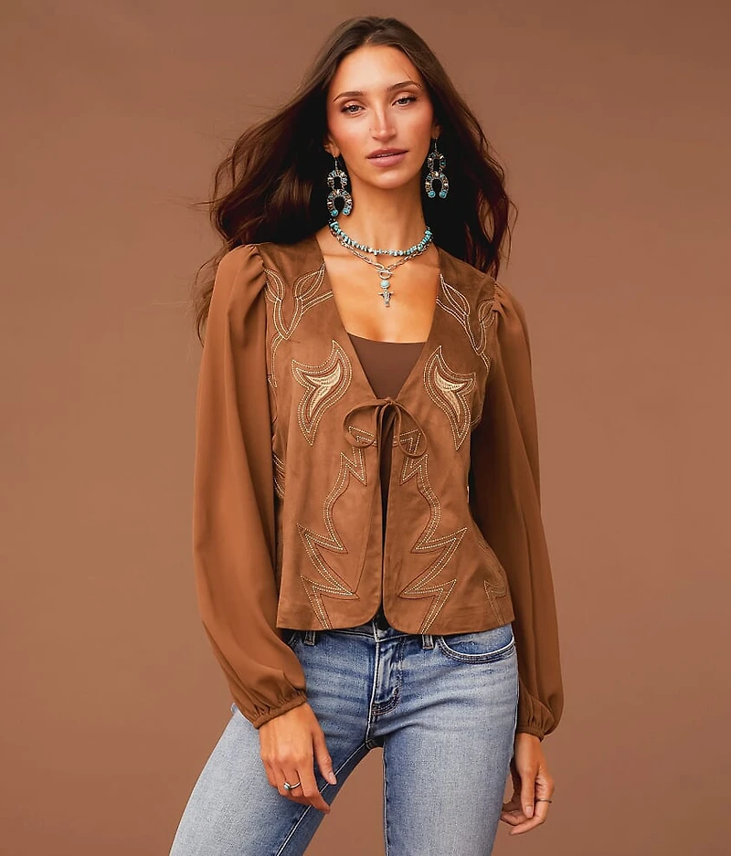 Embroidered Faux Suede Top
