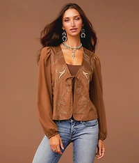 Embroidered Faux Suede Top