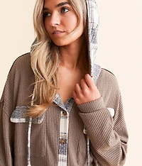 Plaid Waffle Knit Boyfriend Hooded Shirt