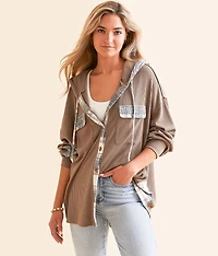 Plaid Waffle Knit Boyfriend Hooded Shirt
