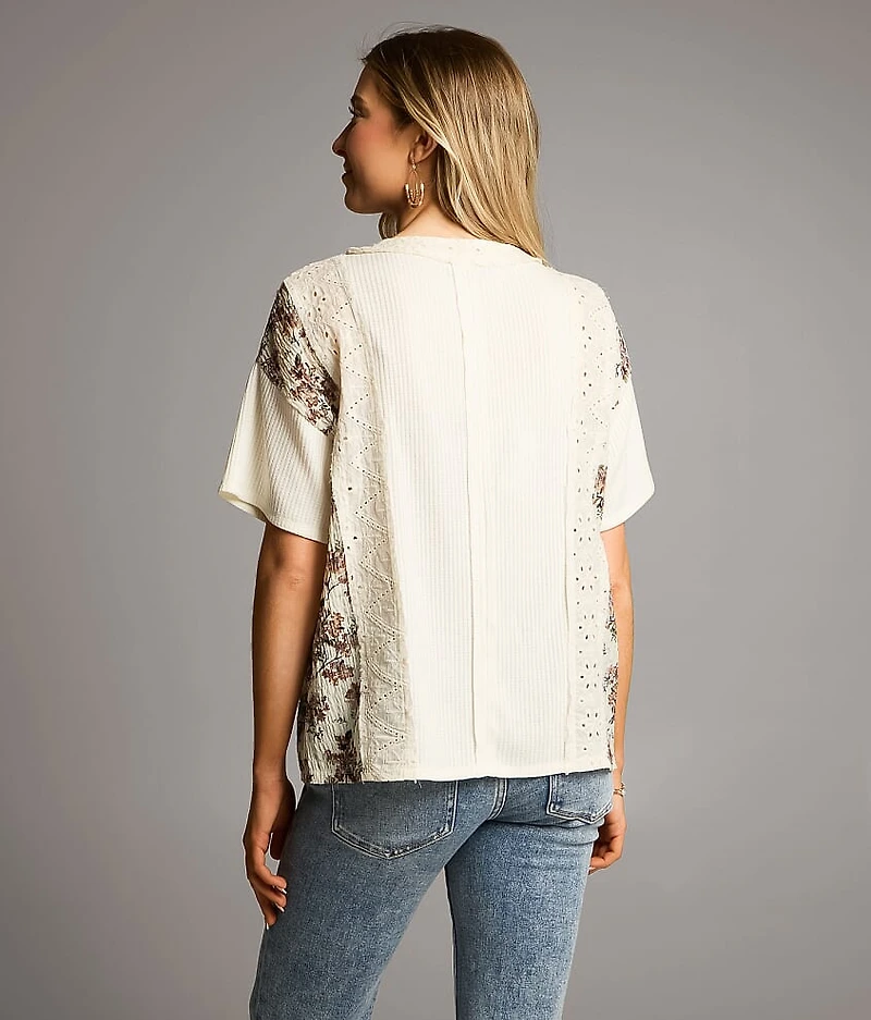 Pieced Floral & Eyelet Henley