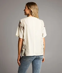 Pieced Floral & Eyelet Henley