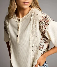 Pieced Floral & Eyelet Henley