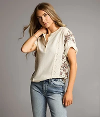 Pieced Floral & Eyelet Henley