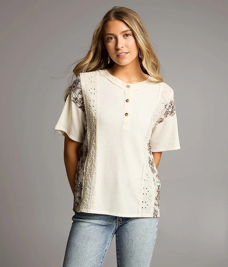 Pieced Floral & Eyelet Henley