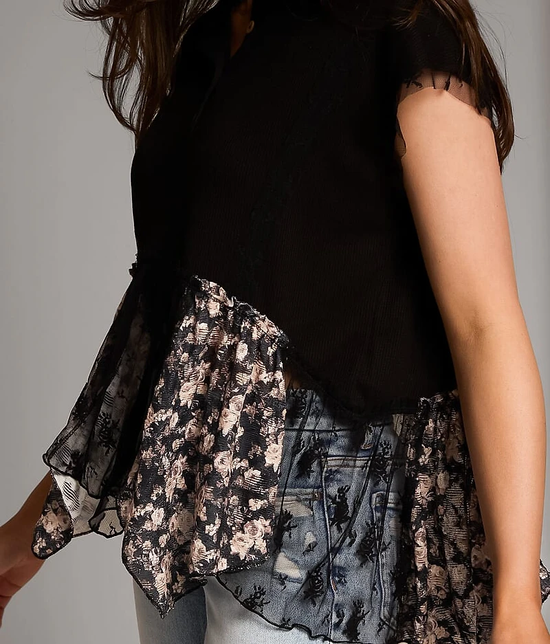 Pieced Floral Lace Henley