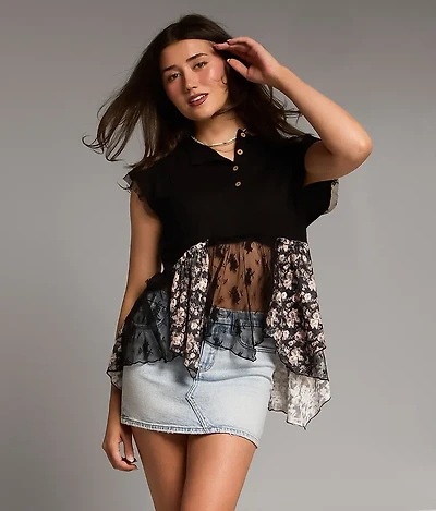 Pieced Floral Lace Henley