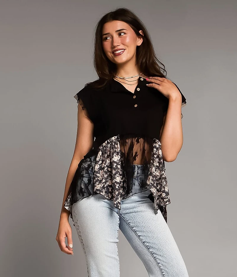 Pieced Floral Lace Henley